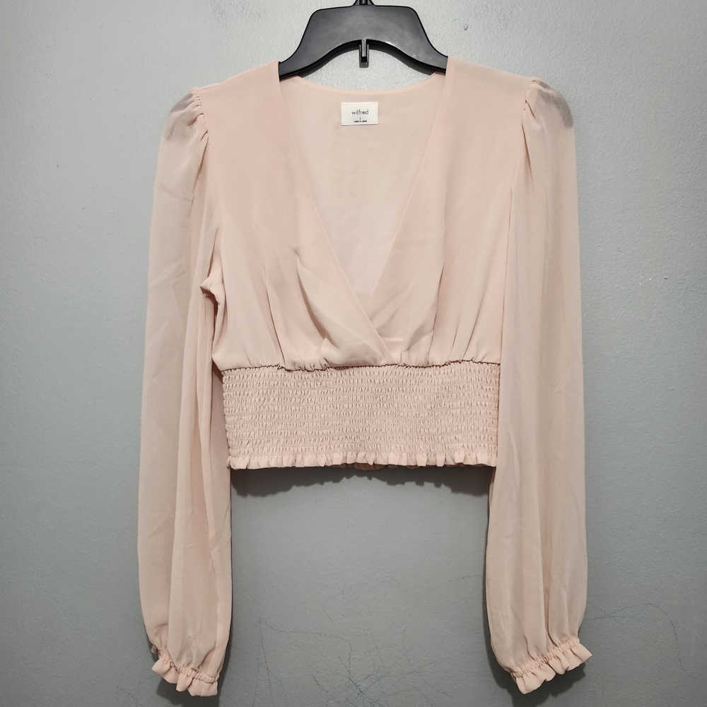 Aritzia Wilfred Light Orange Cropped  Blouse Size S Ballon Sheer Sleeves